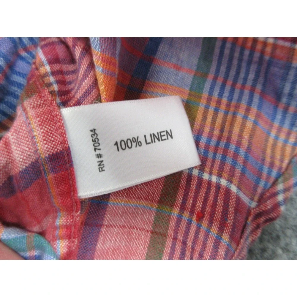 Orvis Shirt Mens Medium Red Plaid Linen Madras Button Up Casual Lightweight